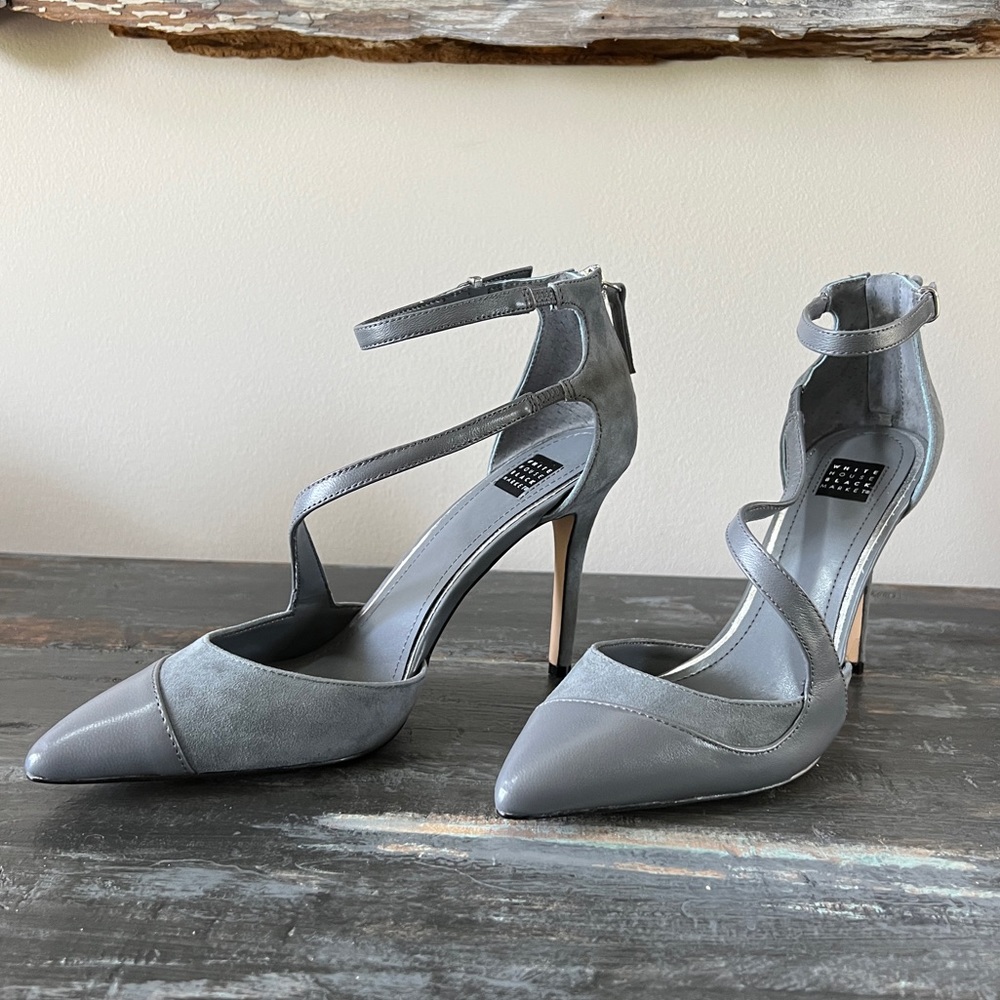 WHBM Sz7.5 Strappy Stillettos.  Gray with leather and suede. Like New!!!